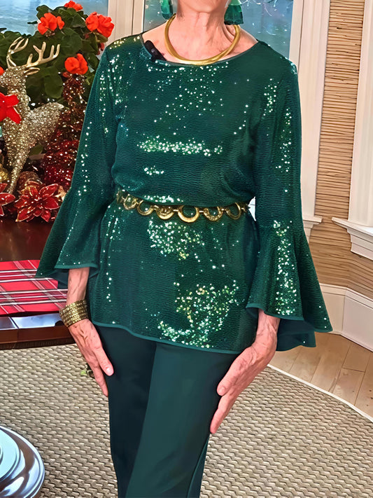 Sequined Round Neck Flare Sleeve Top