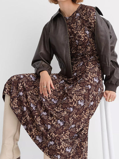 Ruched Bodice Printed Long Sleeve Dress