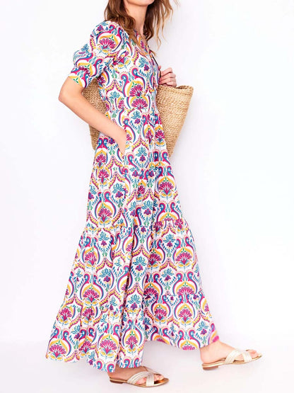 Elegant Printed V Neck Puff Sleeve Dress