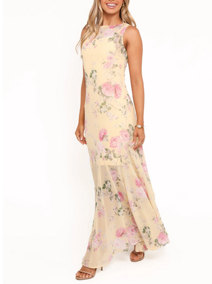 Yellow Pink Floral Chiffon Maxi Dress