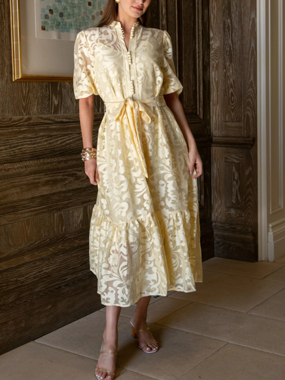 Lace Short Puff Sleeve Midi Dress - Yellow