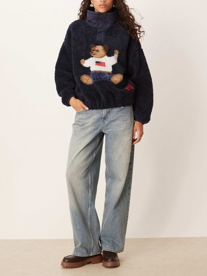 Navy Sherpa Bear Embroidered Half-Zip Pullover