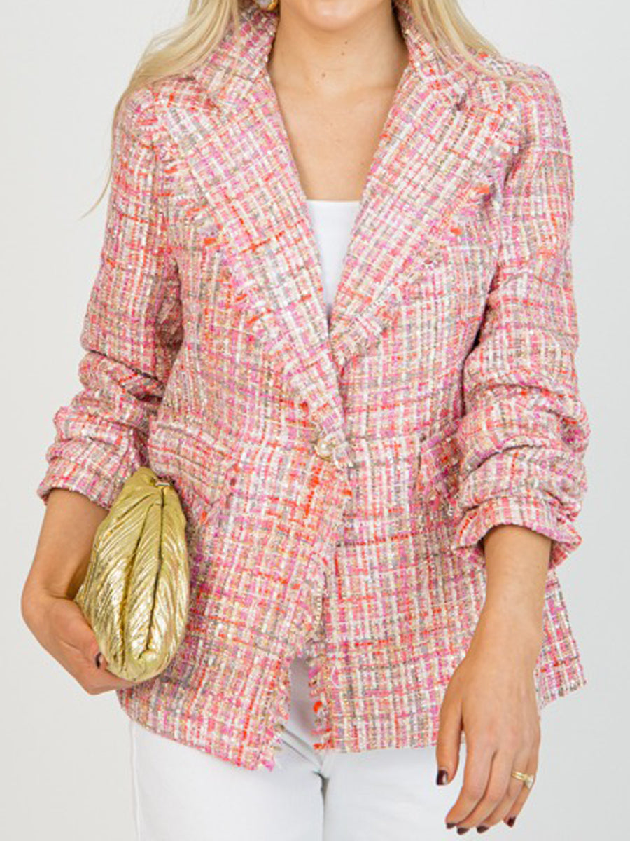 Elegant Pearl Button Woven Tweed Blazer