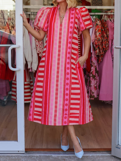 Printed V Neck Elastic Puff Sleeves Loose Maxi Dress