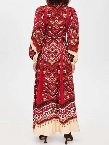 Printed Puff Sleeves V Neck Maxi Dress