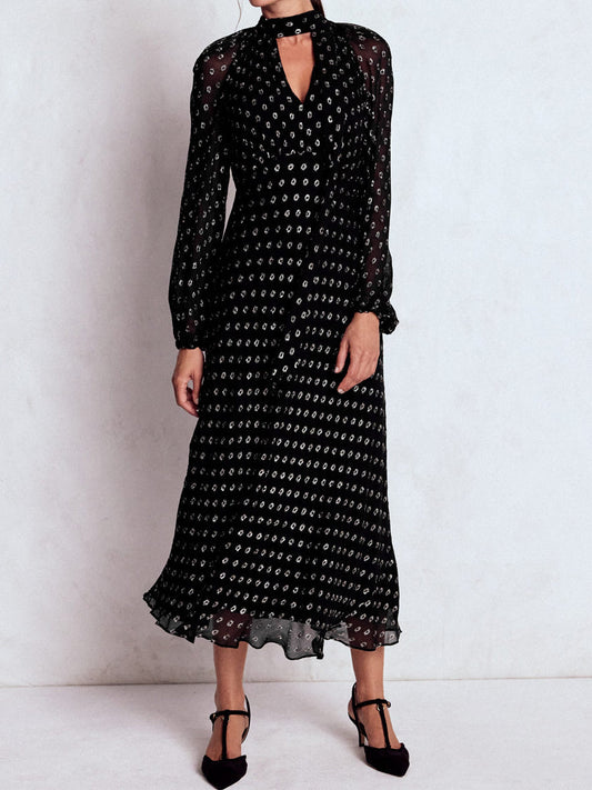 Tie Neck Long Sleeve Midi Dress