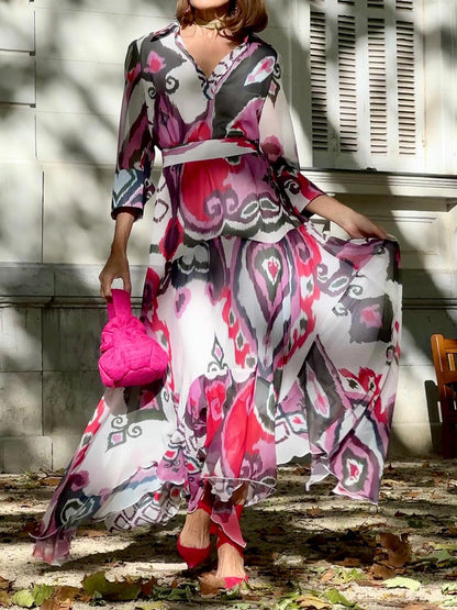 Printed V Neck Long Sleeve Dress