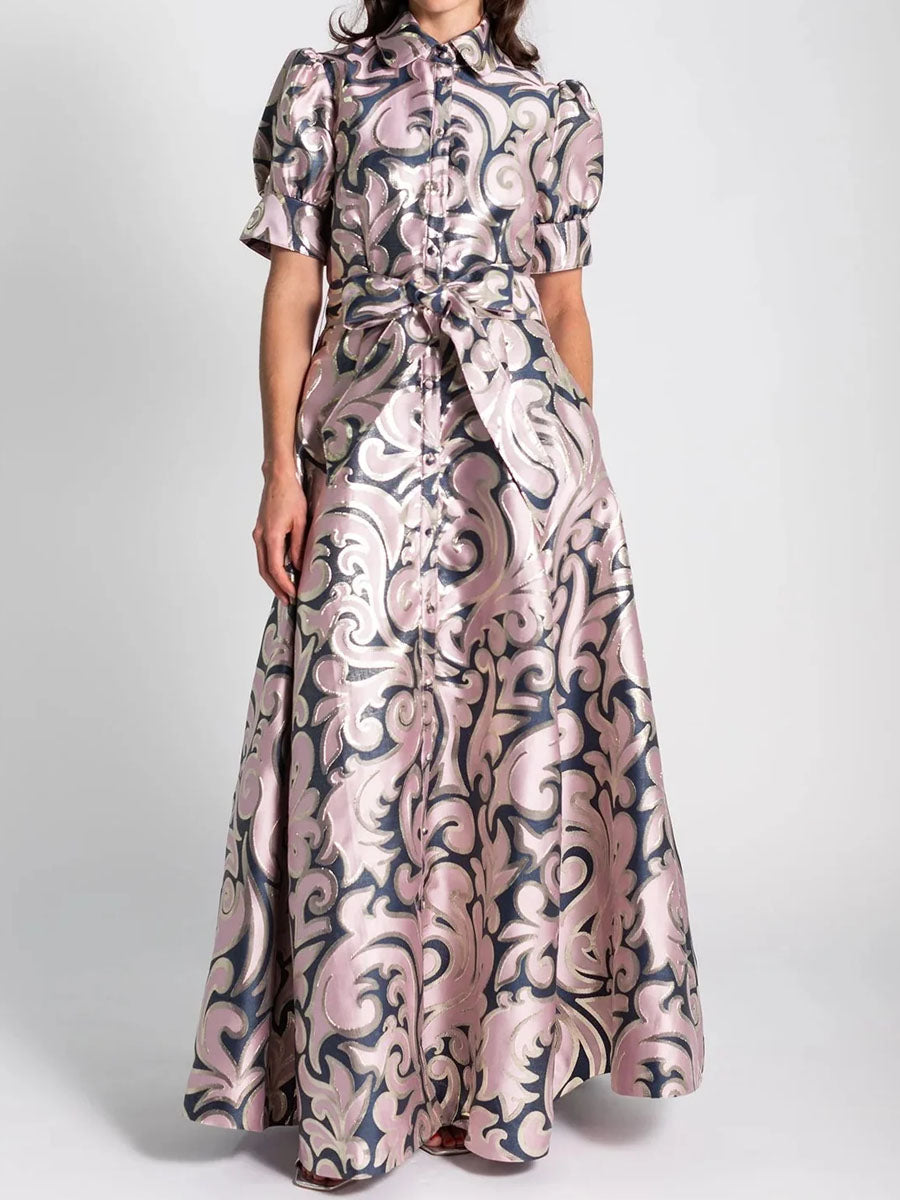 Elegant Jacquard Print Short Puffed Sleeves Gown Maxi Dress