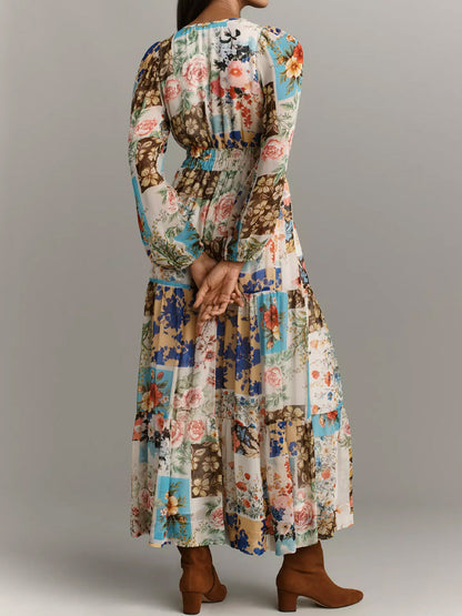 Printed V-neck Smocked Waist Maxi Dress