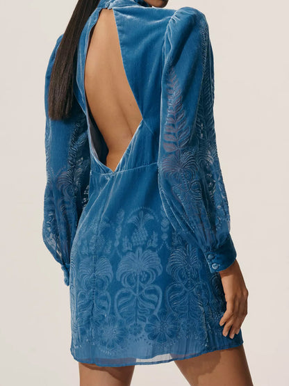 Backless Puff-Sleeve Velvet Mini Dress