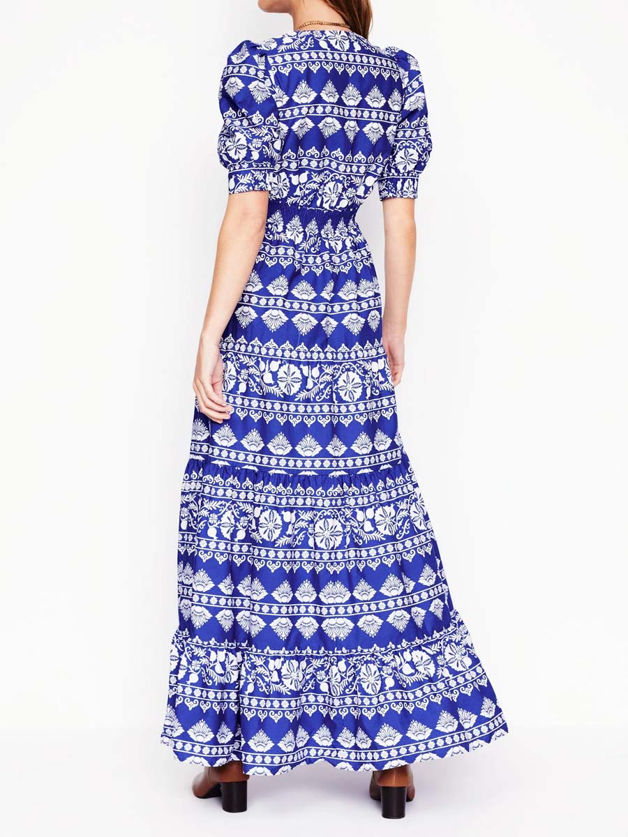 Elegant Printed V Neck Puff Sleeve Dress