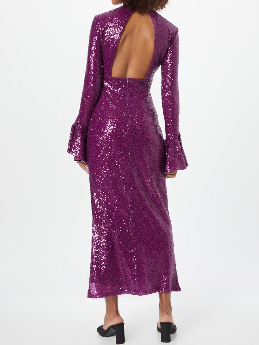 Sequin Bell Sleeve Funnel Neck Midi Dress