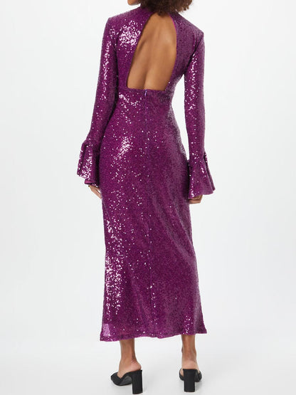 Sequin Bell Sleeve Funnel Neck Midi Dress