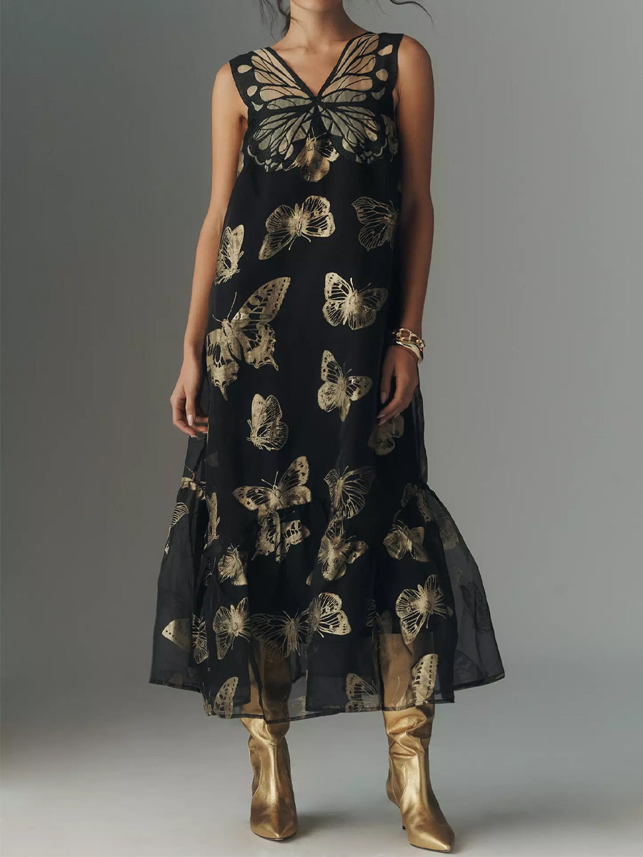 Sleeveless Butterfly Print Loose Midi Dress