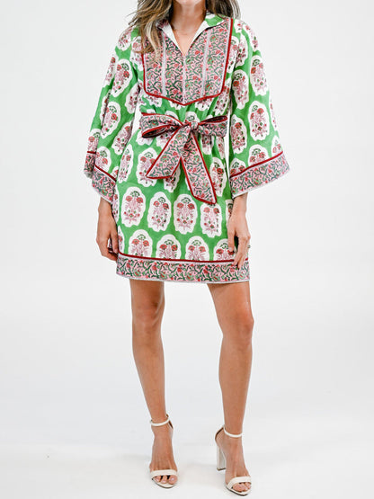 Stand Collar Placement Print Belted Mini Dress