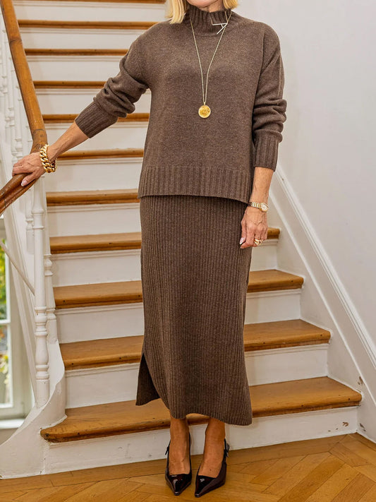 Knitted High Neck Sweater Two Pieces Dress