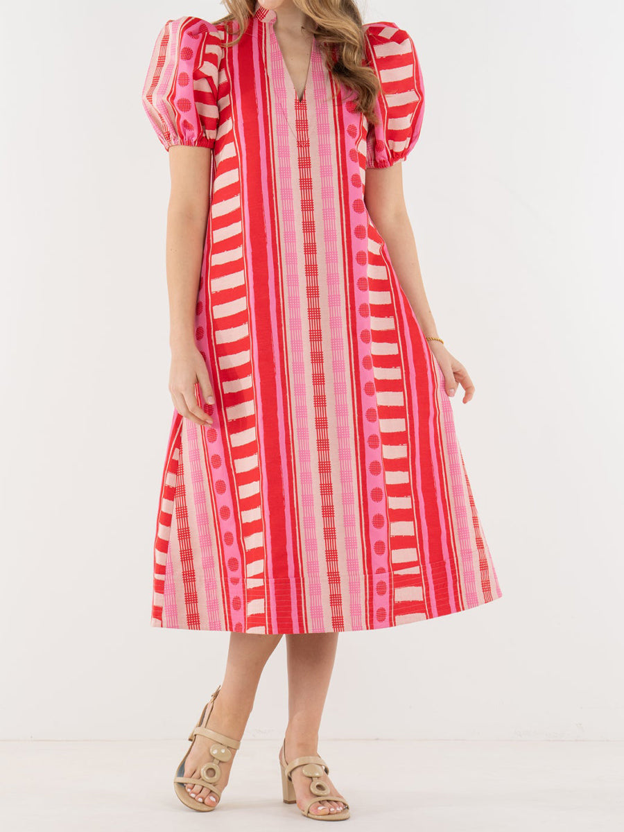 Printed V Neck Elastic Puff Sleeves Loose Maxi Dress