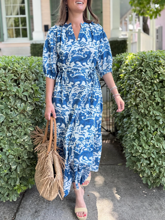 Blue Tibetan Tigers Midi Dress