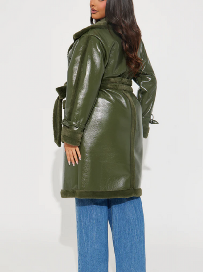Faux Patent Leather Plush-Trim Coat
