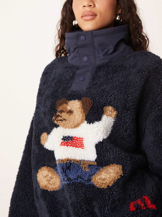 Navy Sherpa Bear Embroidered Half-Zip Pullover