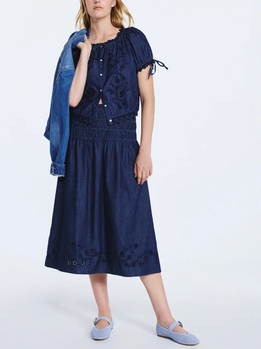 Puff Sleeve Denim Shirt And Mid-Length Dress Set