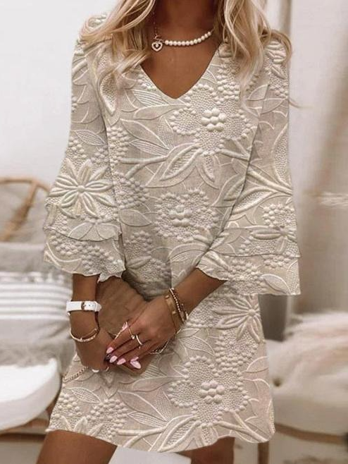 Apricot 3/4 Sleeve V-Neck Mini Dress