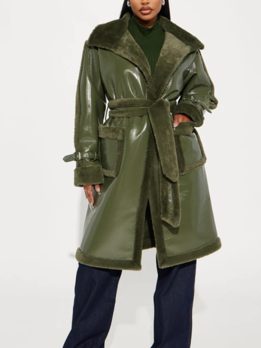 Faux Patent Leather Plush-Trim Coat