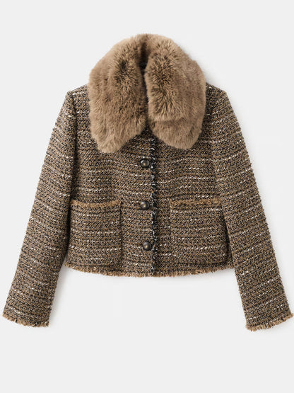 Detachable Fur Effect Collar Tweed Jacket