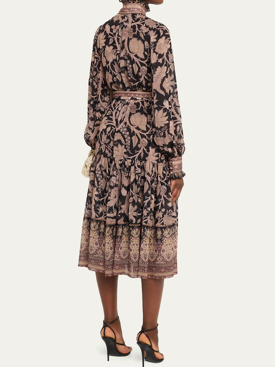 High Collar Floral-Print Balloon Sleeves Midi Dress