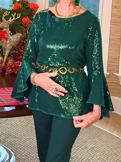 Sequined Round Neck Flare Sleeve Top