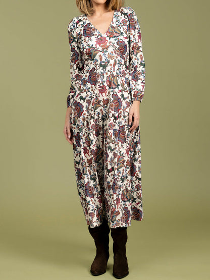 Floral Print V Neck Long Sleeve Maxi Dress
