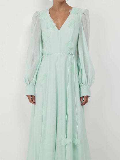 3D Flower V Neck Long Sleeve Belted Maxi Dress