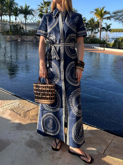 Placement Print Short Sleeve Belted Shirtdress