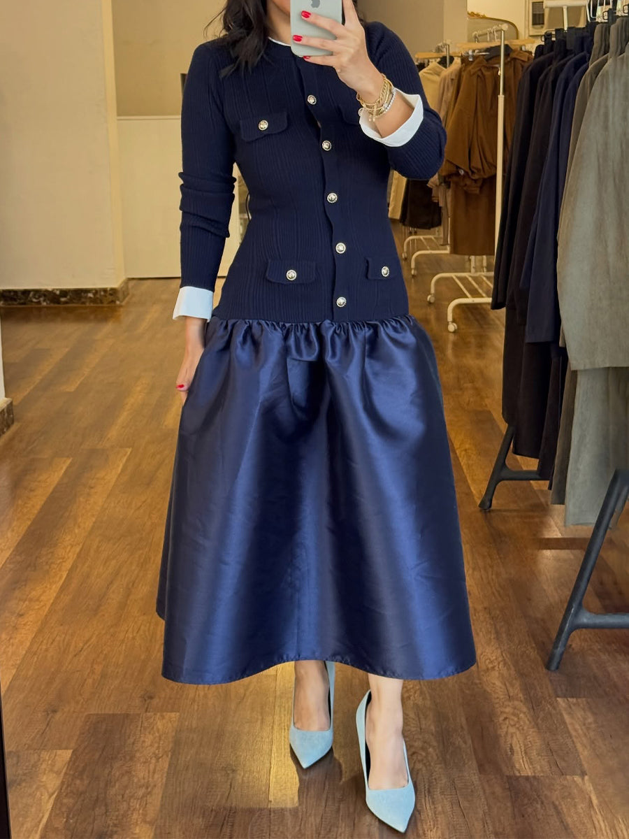 Gold Buttons Contrast Trims Dropped Waist Dress