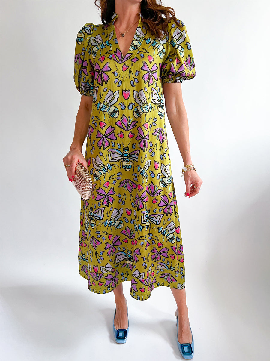 Printed V Neck Elastic Puff Sleeves Loose Maxi Dress