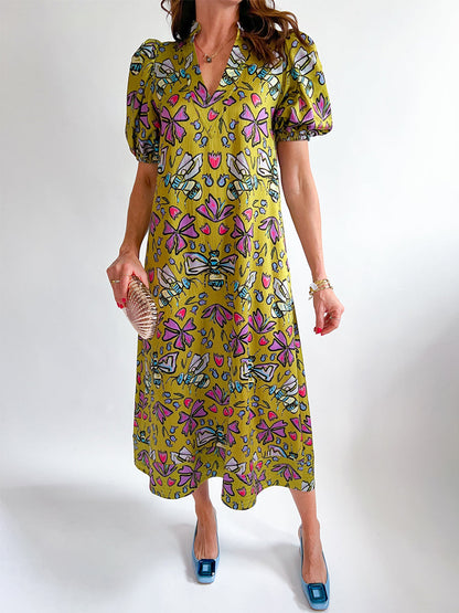 Printed V Neck Elastic Puff Sleeves Loose Maxi Dress