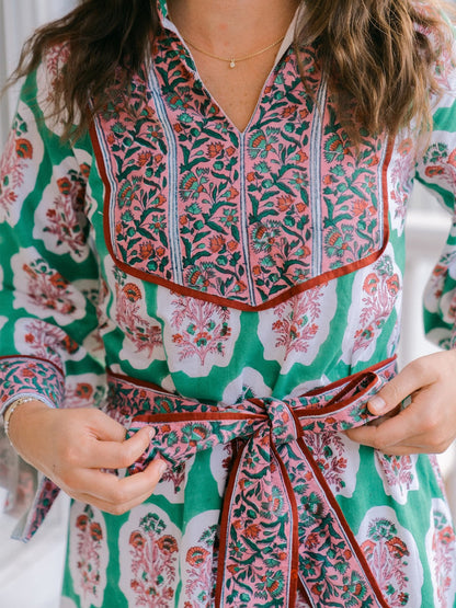 Stand Collar Placement Print Belted Mini Dress