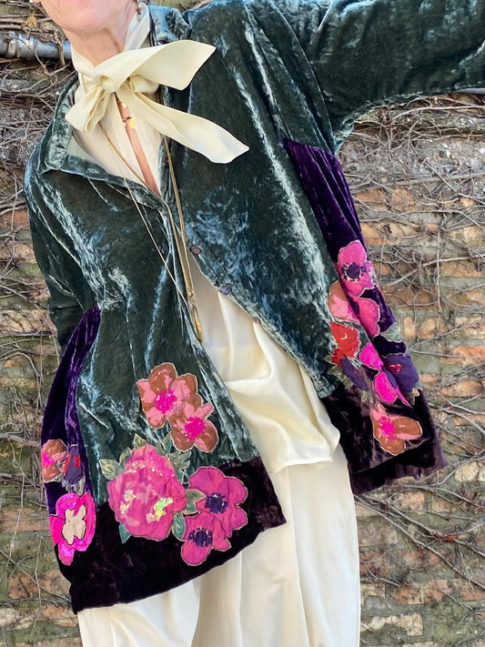 Embroidered Velvet Button-Front Shirt