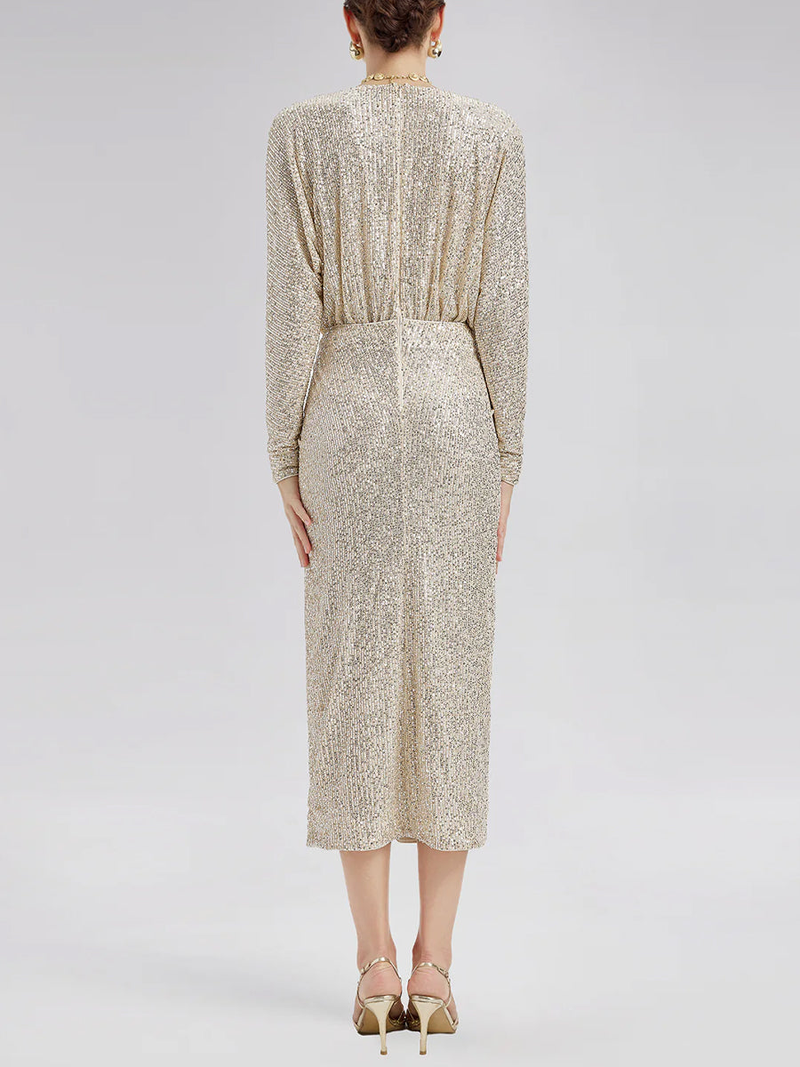 Elegant V Neck High Slit Sequin Dress