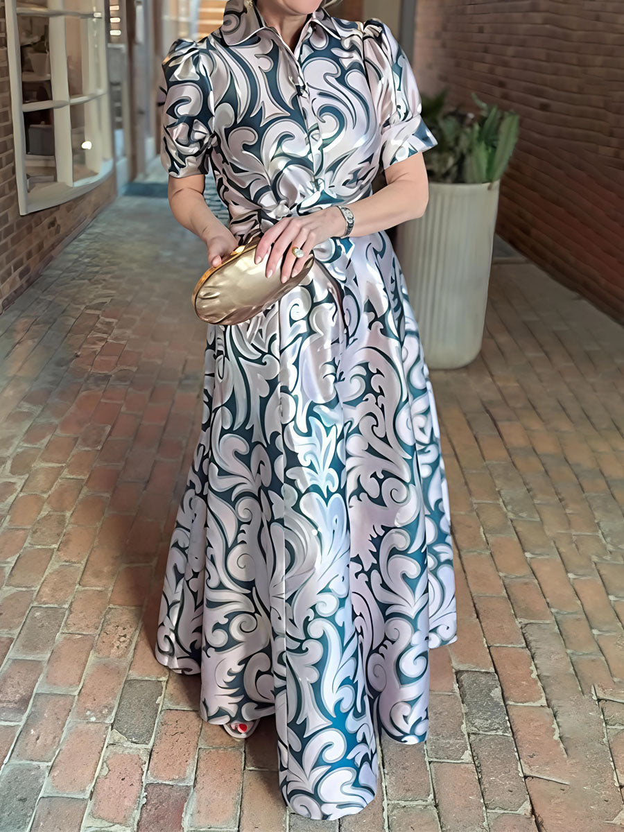 Elegant Jacquard Print Short Puffed Sleeves Gown Maxi Dress