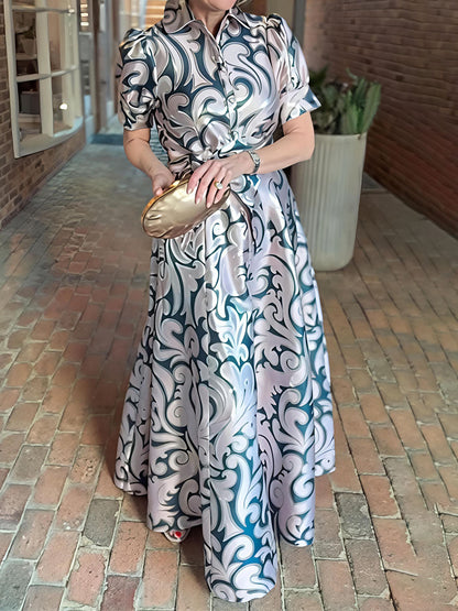 Elegant Jacquard Print Short Puffed Sleeves Gown Maxi Dress