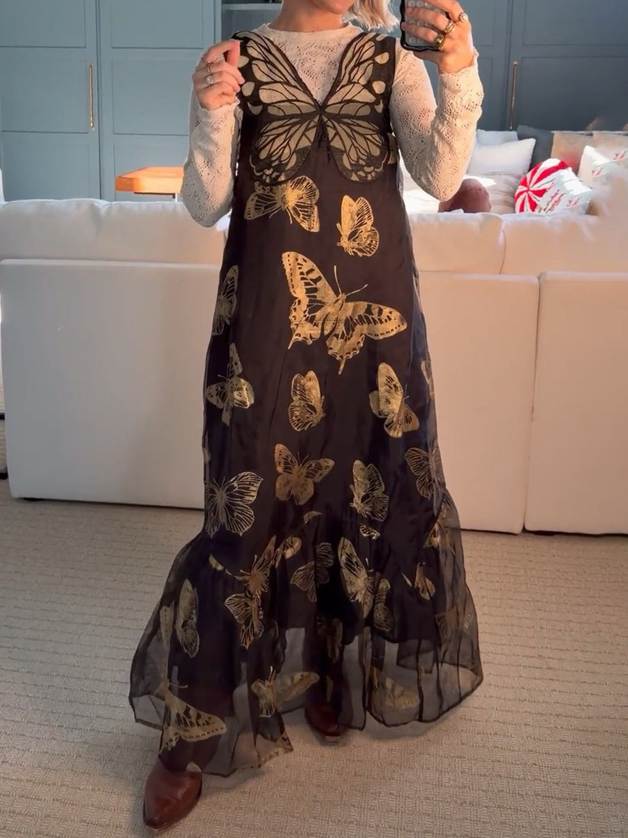 Sleeveless Butterfly Print Loose Midi Dress