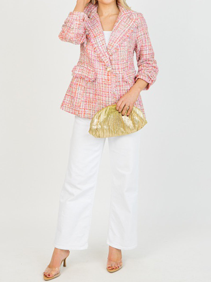 Elegant Pearl Button Woven Tweed Blazer