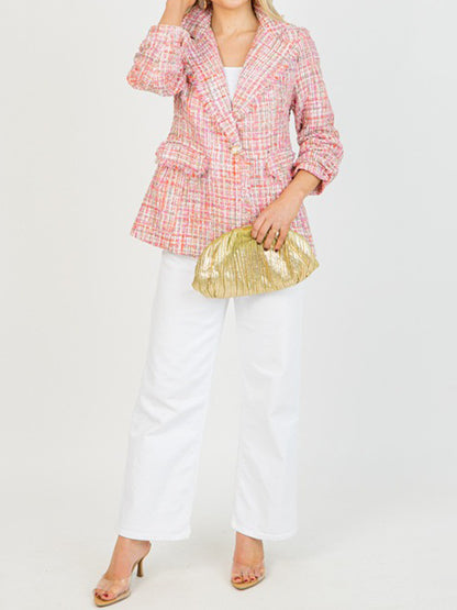 Elegant Pearl Button Woven Tweed Blazer