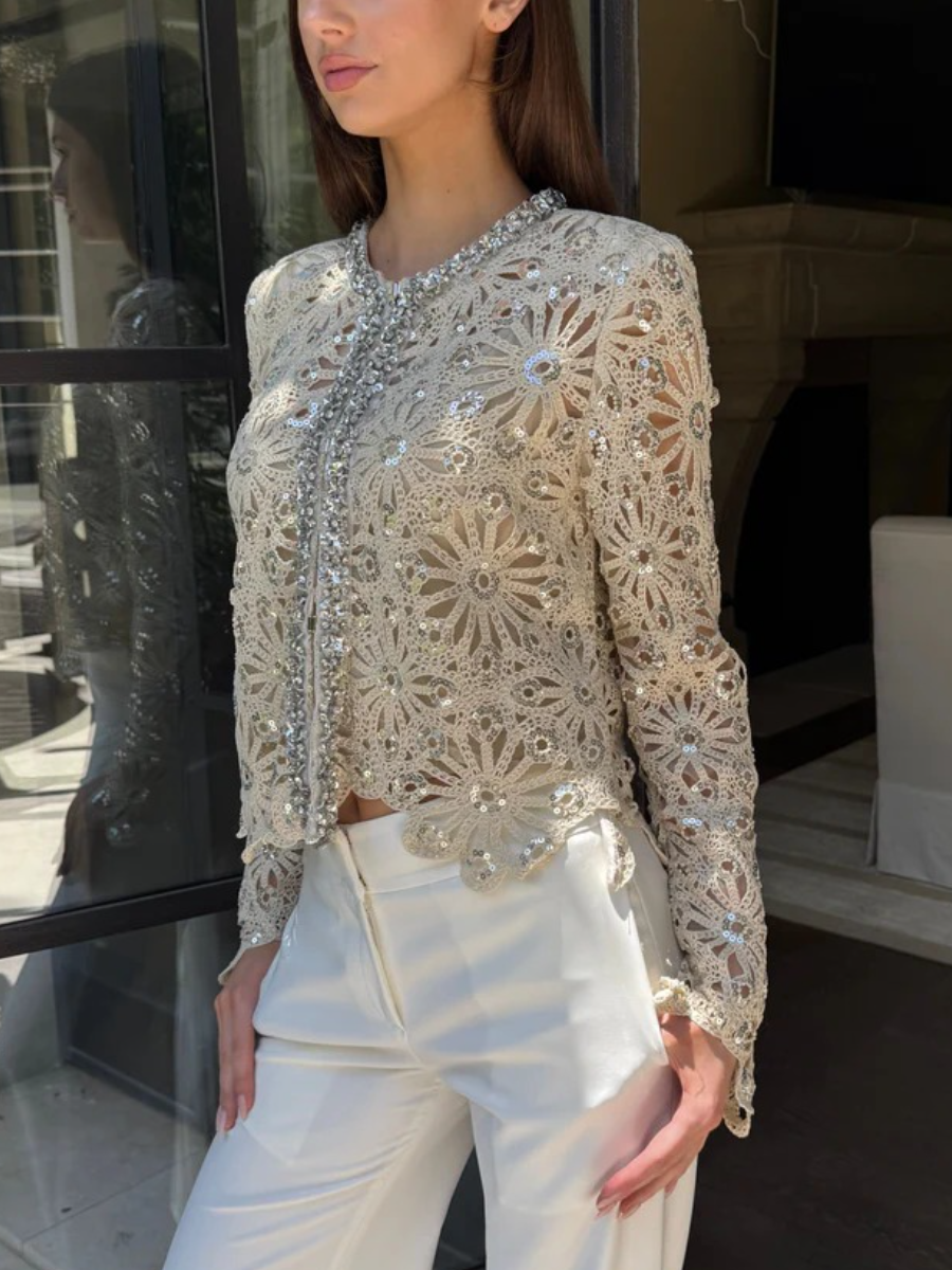 Rhinestone And Sequin Adorned Crochet Lace Cardigan