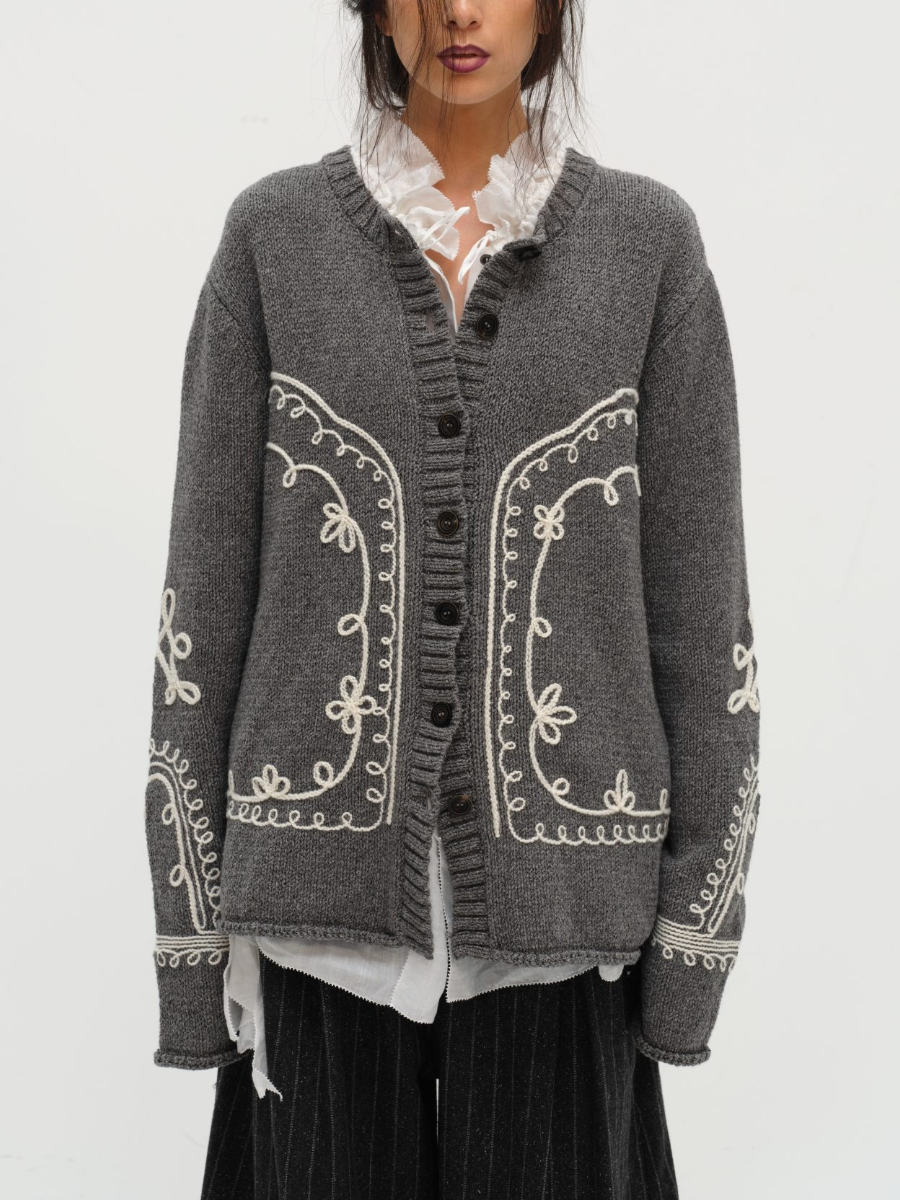 Thread-embroidered Knitted Cardigan