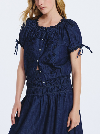 Puff Sleeve Denim Shirt And Mid-Length Dress Set