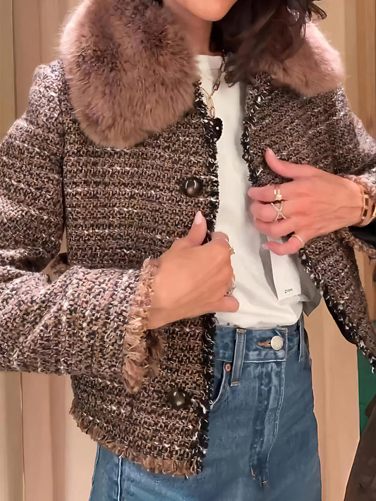 Detachable Fur Effect Collar Tweed Jacket
