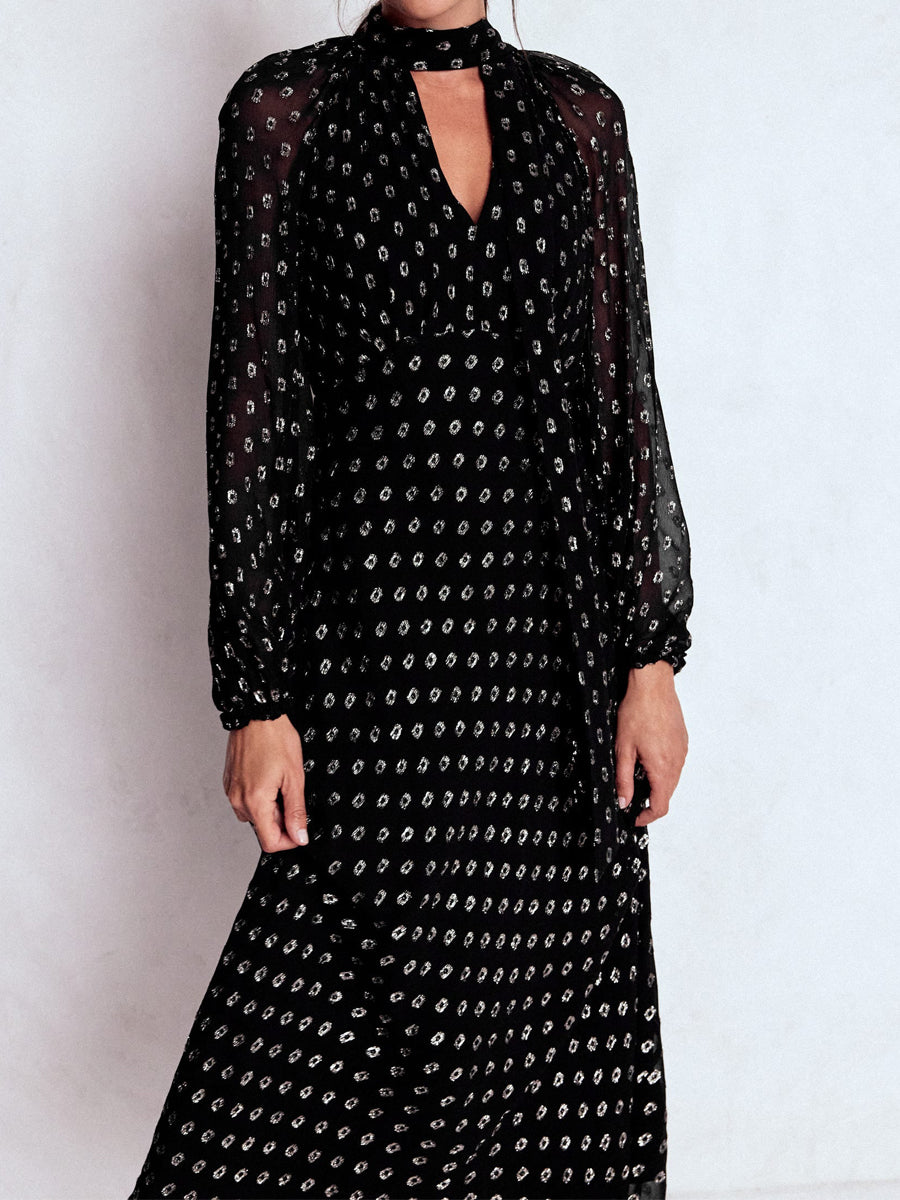 Tie Neck Long Sleeve Midi Dress