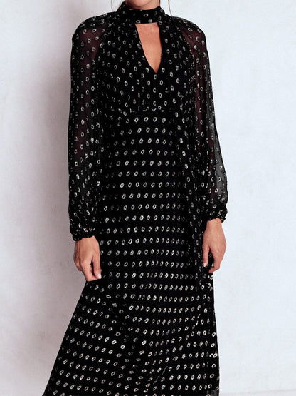 Tie Neck Long Sleeve Midi Dress